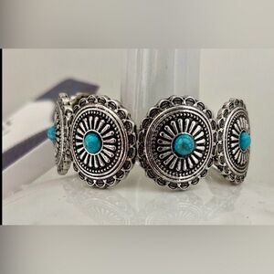 YMI Silvertone Conchos,faux turquoise stones, stretch bracelet,Southwestern